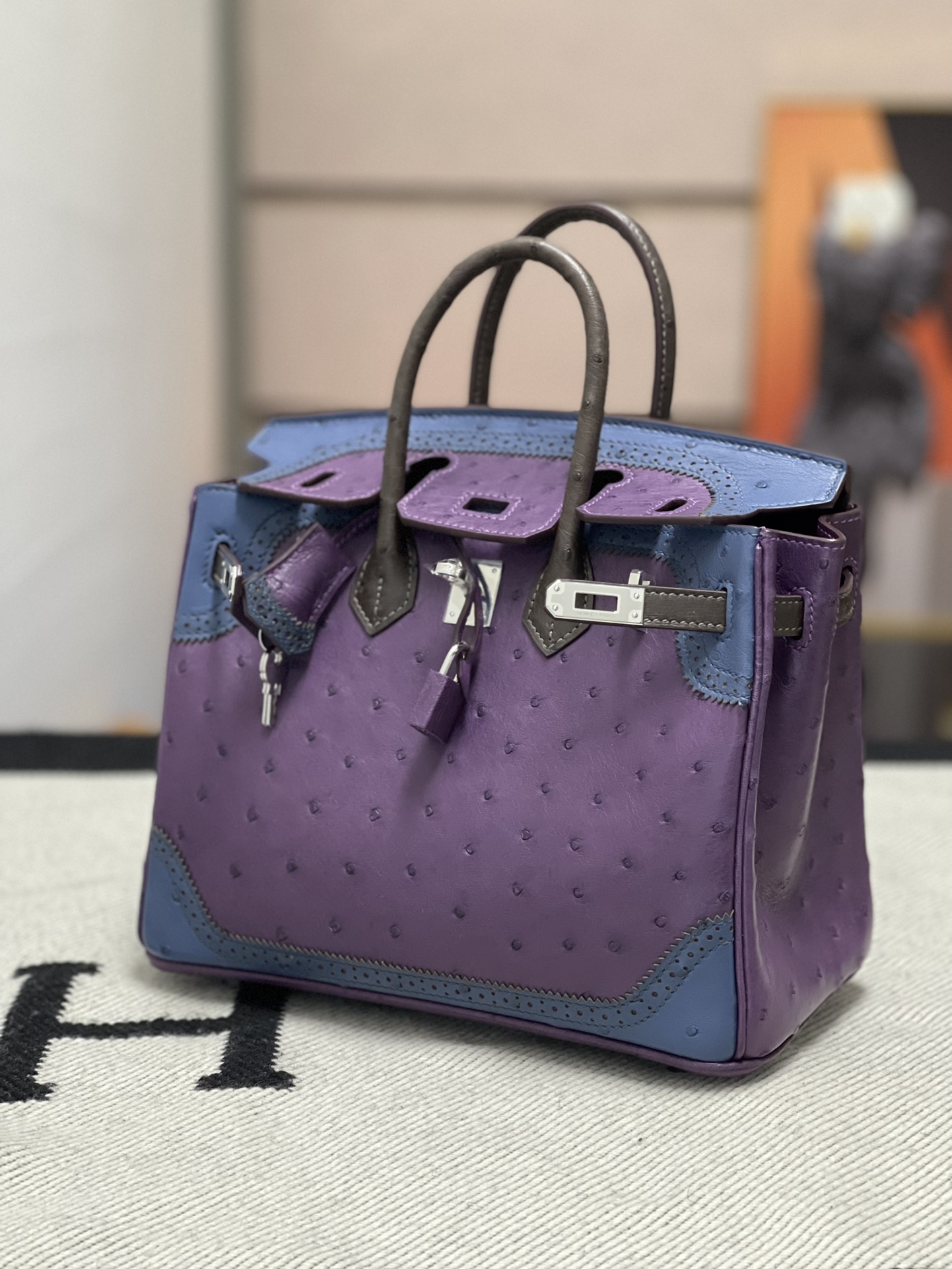 에르메스 버킨백25 퍼플 블루 브라운 은장 타조가죽